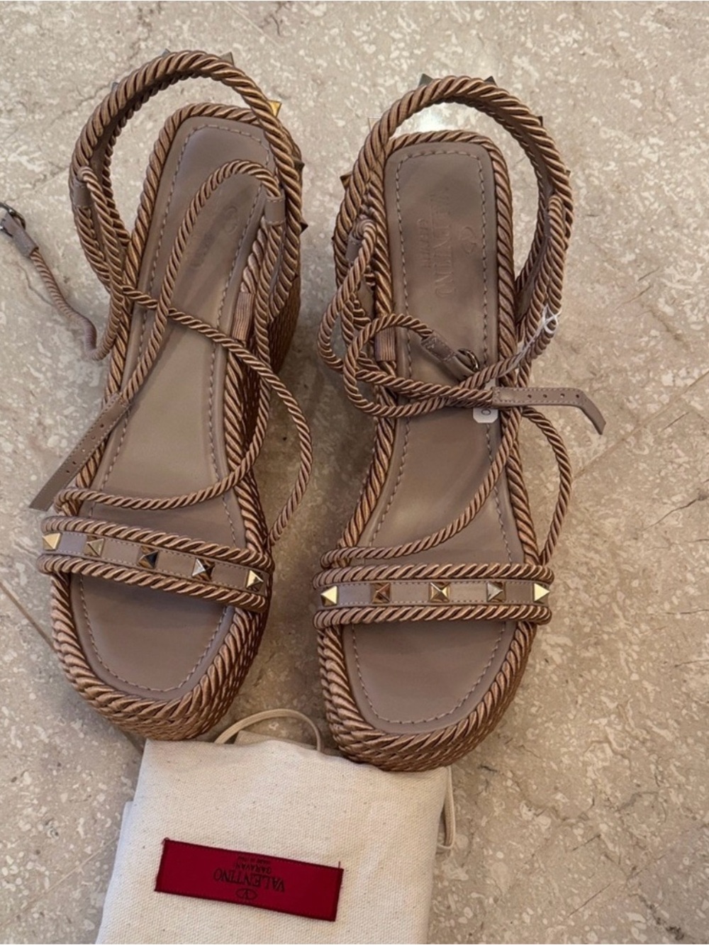 Valentino Garavani Rope-Lace Studded Sandals in Taupe